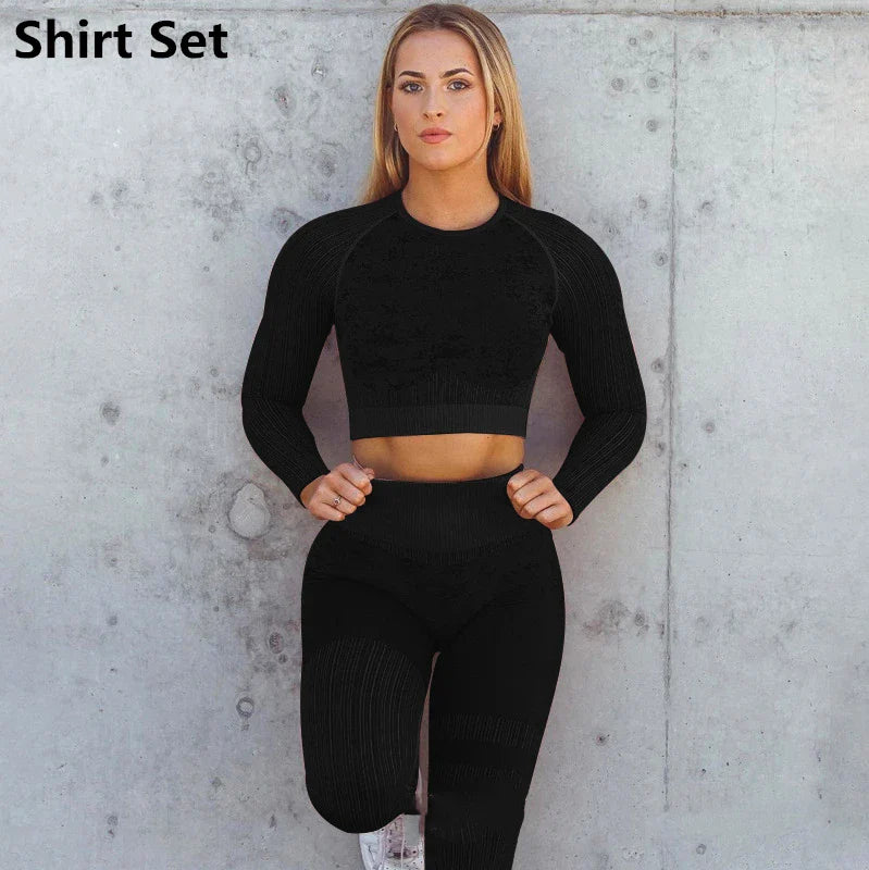 Rid Seamless Yoga Set Women 2pcs Two Piece Long Sleeve Crop Top T-Shirt Leggings Outfit Clothes Gym Wear Fitness Suit Sport Sets Black Set