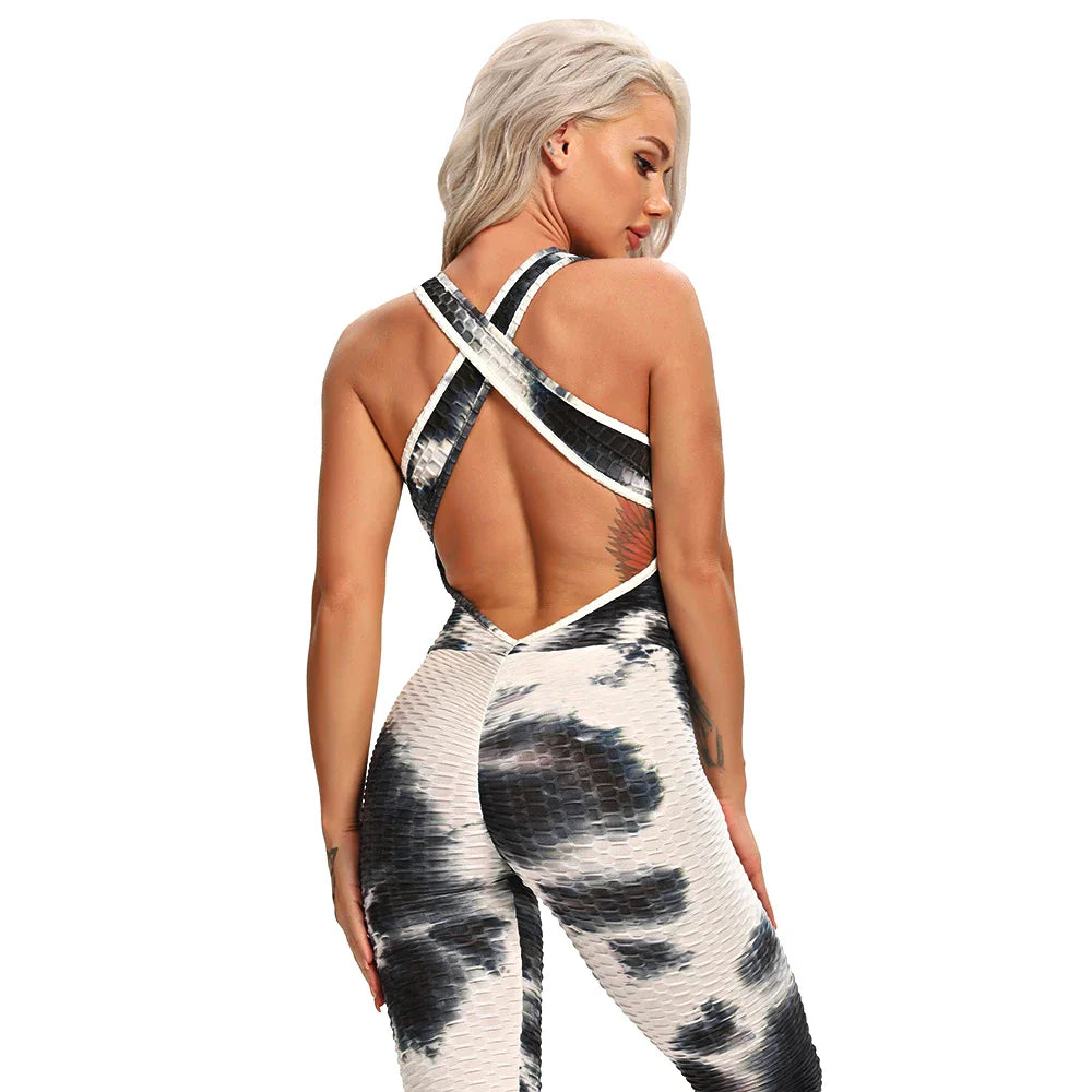 INFILAR Sleevelss Women Sport Jumpsuits Backless Crossciss Strap One Piece Sets Fitness Yoga Pants Tie Dye Bodysuit Women Romper Ink Black