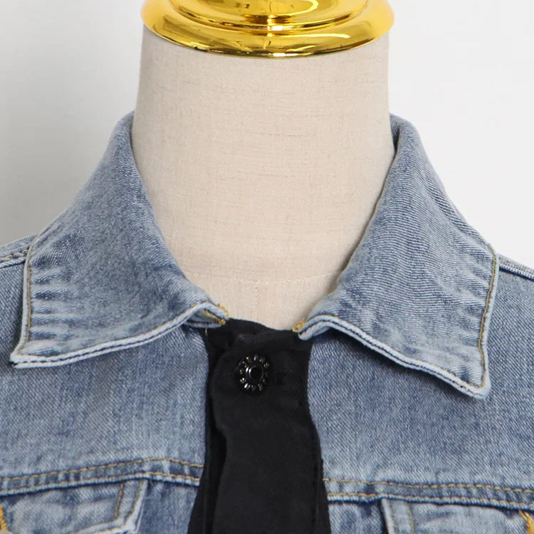 Hit Color Patchwork Denim Two Piece Sets Women Long Sleeve Coat Jacket Female High Waist Pencil Pants Jeans 2022