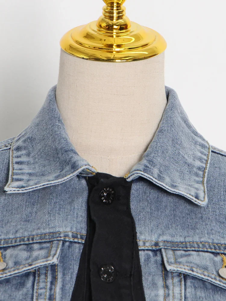 Hit Color Patchwork Denim Two Piece Sets Women Long Sleeve Coat Jacket Female High Waist Pencil Pants Jeans 2022