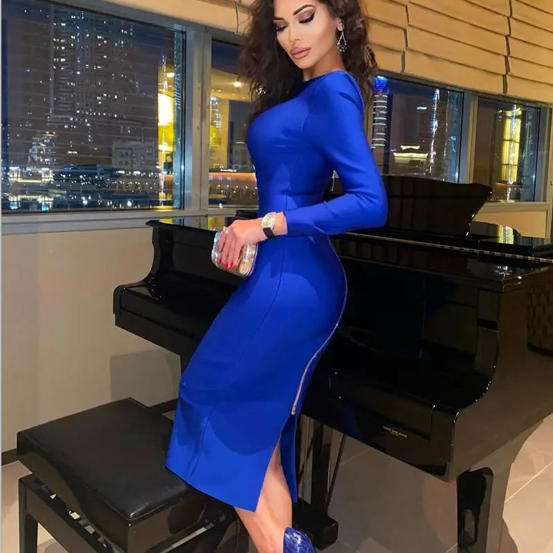 5 Colors Winter Style 2021 Sexy Long Sleeve Backless Zipper Midi Red Bodycon Bandage Dress Fashion Evening Party Dress Vestido