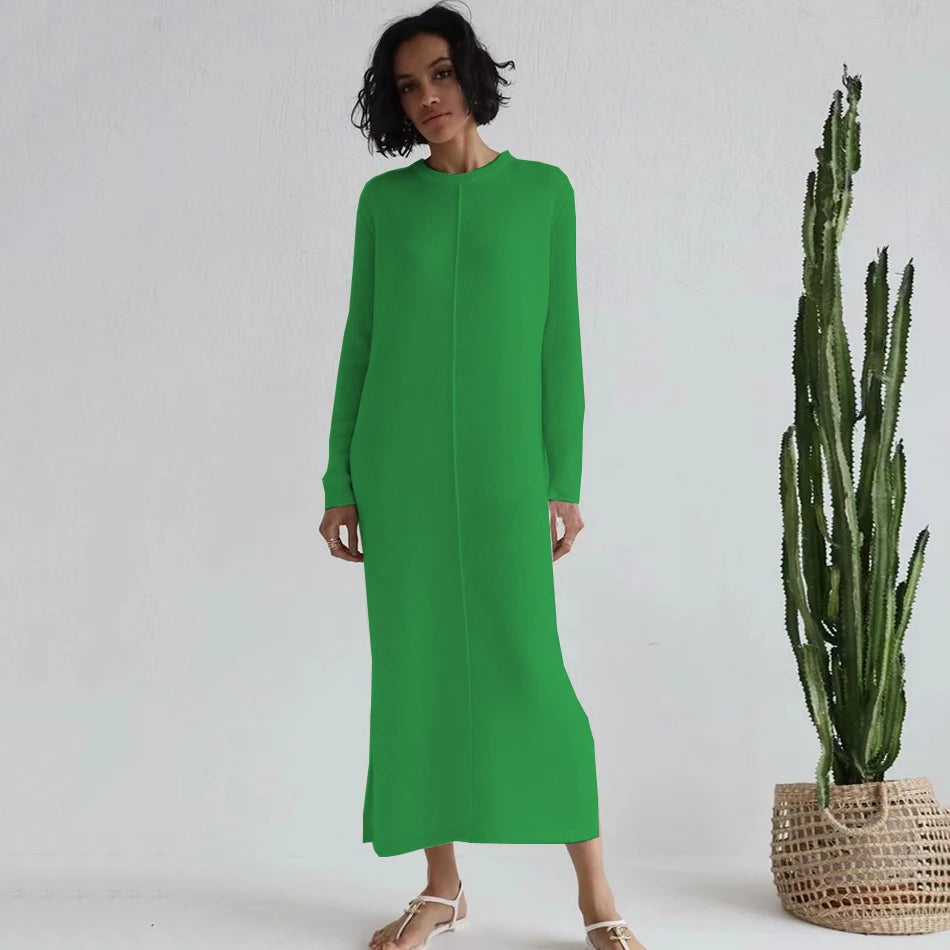 2024 Casual Midi Knit Dress Women's O-neck Long Sleeve Split Straight Dresses 2023 New Autumn Pure Color Knit Vestidos green
