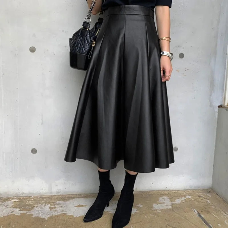 Neophil Chic Ladies Latex Flare Black Skirts Vintage Pu Faux Leather Ball Gown Long Skirt Thick Party A-Line Swing Faldas S21836