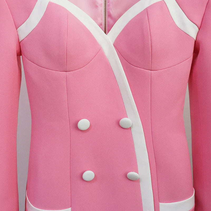 HIGH STREET Newest Designer Dress Women's Extra Shoulder Square Collar Long Sleeve Double Breasted Color Block Mini Dress