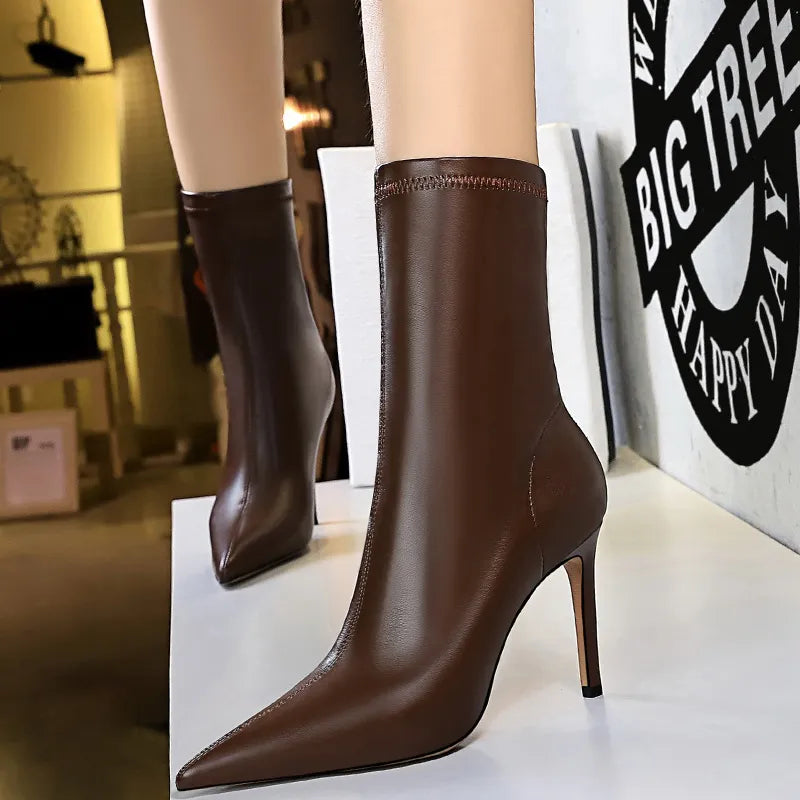 Shoes Leather Boots Women Ankle Boots Autumn Winter Boots Women High Heels Short Boots Ladies Booties Chaussures Femme