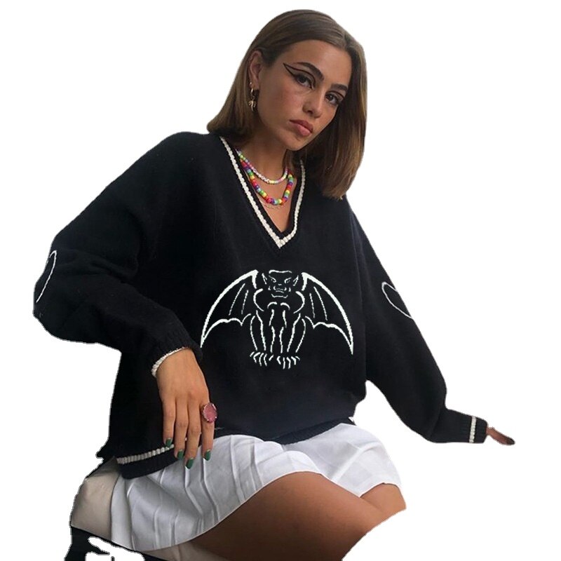 Y2K Oversized Sweater Pullover Ladies Casual Loose Printed Knitted Sweater Retro College Style Halloween Street Fall Winter 2021 20540 black
