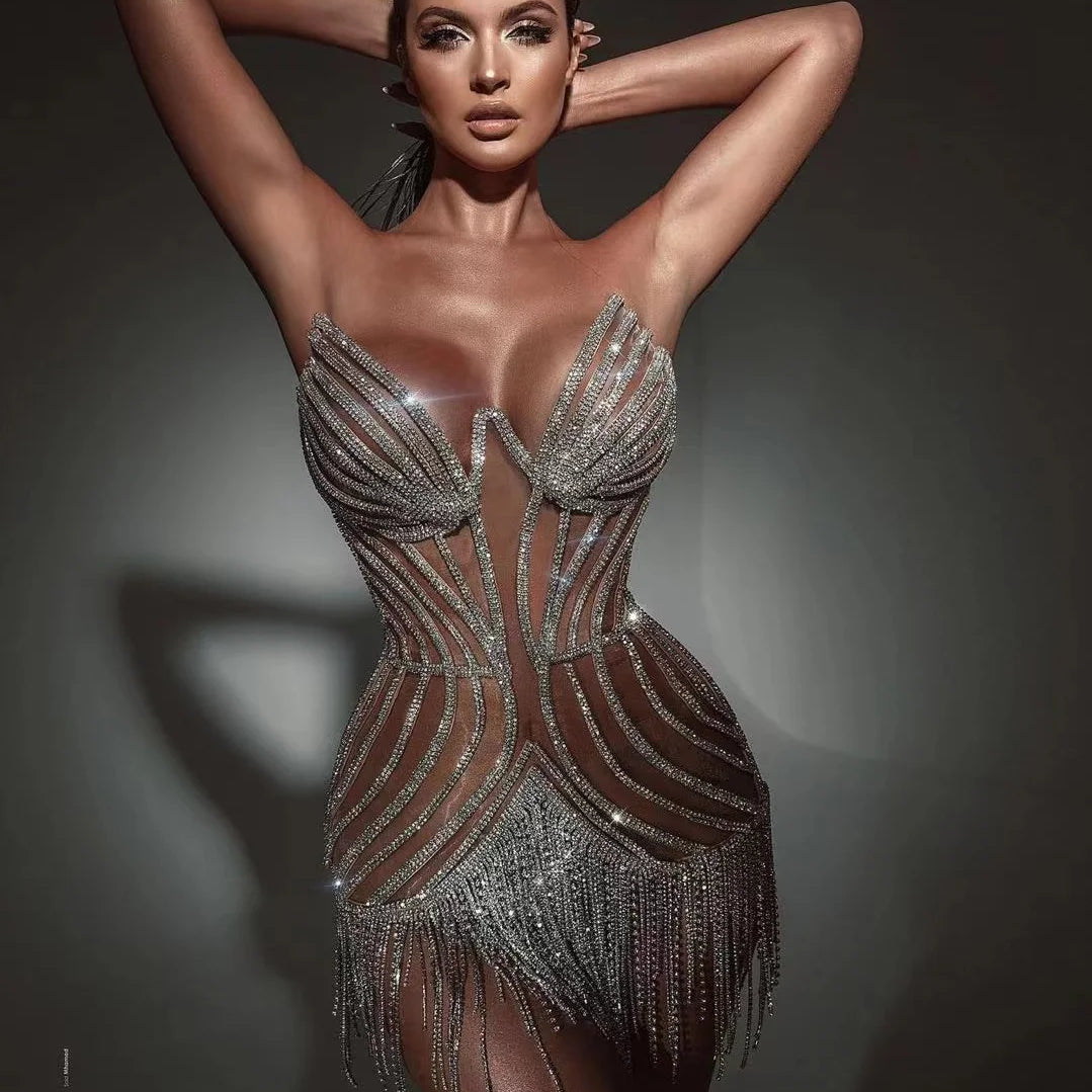 Black Khaki Pearls Sparkly Tassels Birthday Dress Women Sexy Club Wear Strapless Party Night Celebrity Mini Dress Khaki