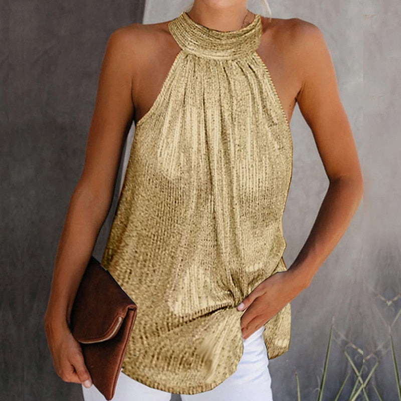 Womens Fashion Shiny Halter Neck Tank Tops Vest Ladies Summer Casual Solid Color Sleeveless T shirt Blouse Black Gold Silver gold