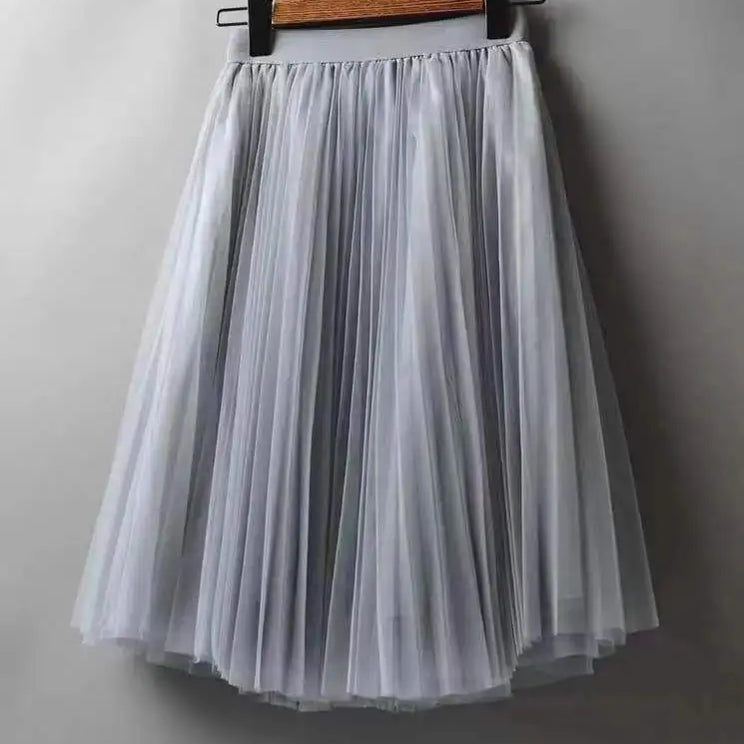 Women's Tulle Plain Pleated Skirt 2019 New Fashion Black Beige White Pink Grey Mesh Midi Skirt High Waist Woman Skirts 3 Layers GRAY One Size