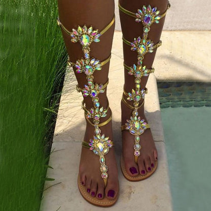 Summer Flats Sandal Gladiator Gold Rhinestone Knee High Buckle Strap Woman Boots Crystal Beach Shoes Plus size 43
