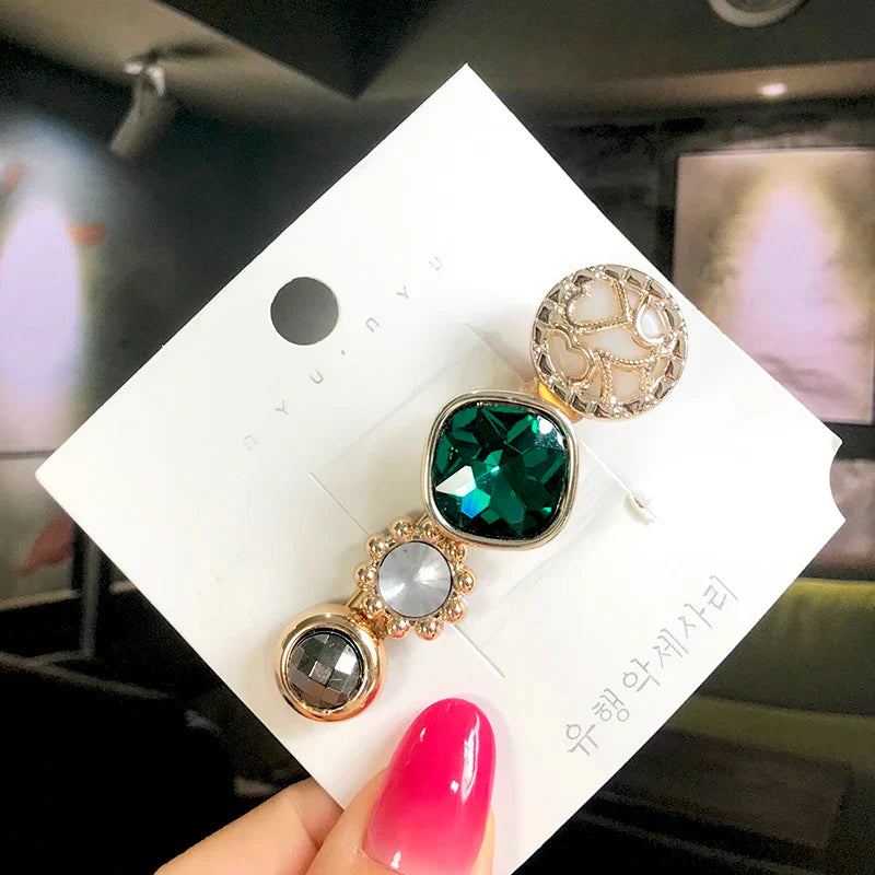 Set Women Hair Clips Jewelry Fashion Crystal Hair Accessories For Girls Luxury Pearl Geometric Barrettes Pins Christmas Gift 1pcs-green