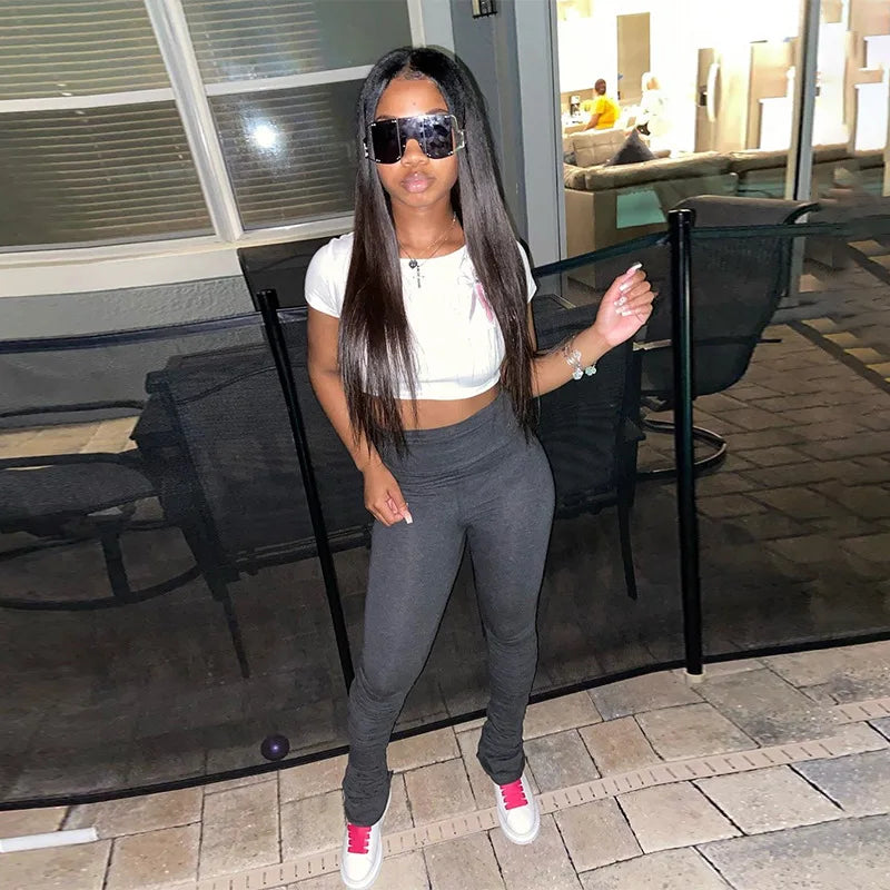 Y2K Pants Streetwear Women Legging Fashion Solid Ruched Stacked High Waist Sweatpants Casual Trousers Pencil Pants Jogging 2023 Dark Grey