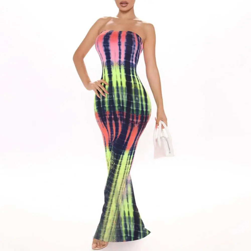 Multicolor Tie Dyeing Print Striped Dress 2021 Summer Sexy Women Long Sleeve Deep V-neck Fall Autumn Bodycon Long Maxi Dress
