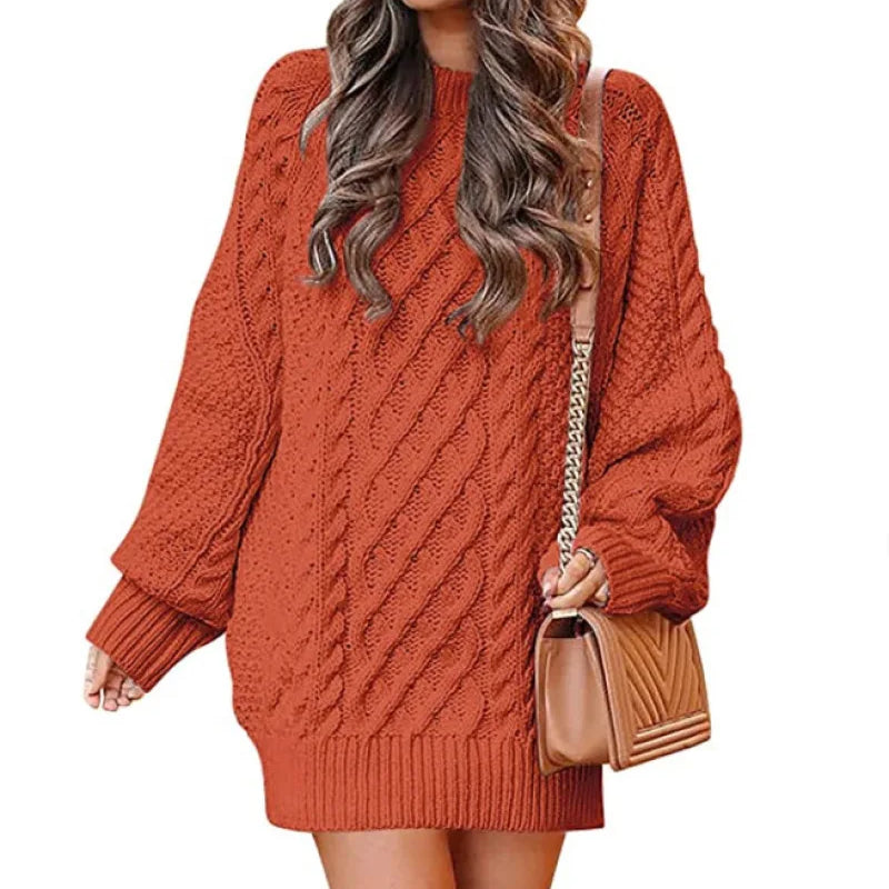 13 Colors Women Crewneck Long Sleeve Oversized Tops Cable Knit Chunky Pullove Thick Autumn and Winter Sweater Dresses Orange