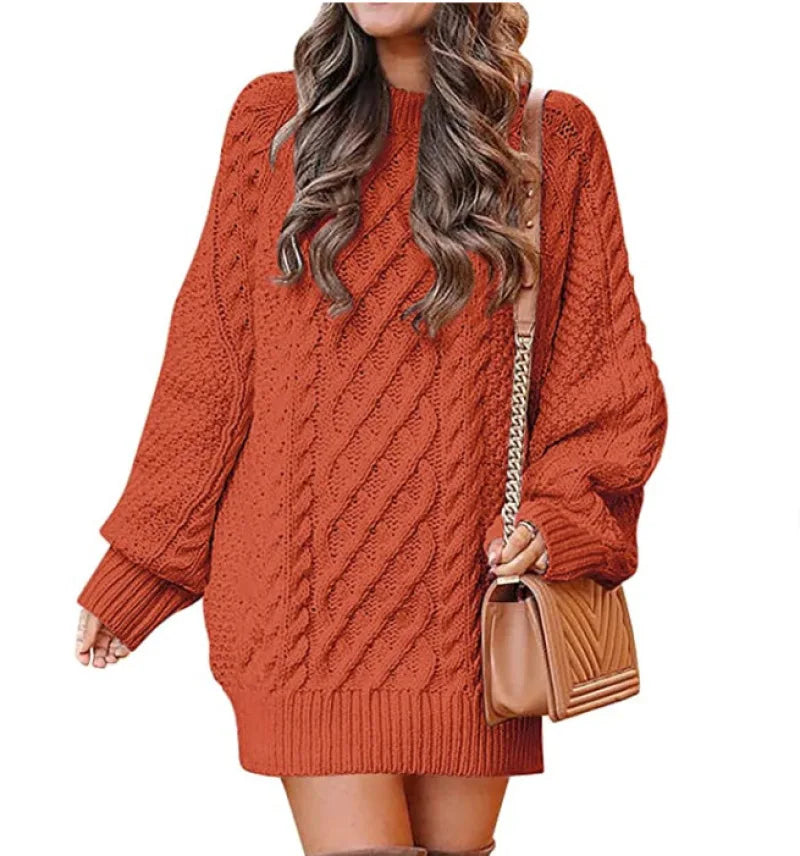 13 Colors Women Crewneck Long Sleeve Oversized Tops Cable Knit Chunky Pullove Thick Autumn and Winter Sweater Dresses Orange