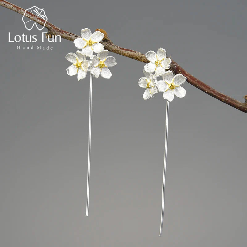 Lotus Fun Long Hanging Elegant Forget-me-not Flower Dangle Earrings For Women Real 925 Sterling Silver Original Fine Jewelry Silver-Gold