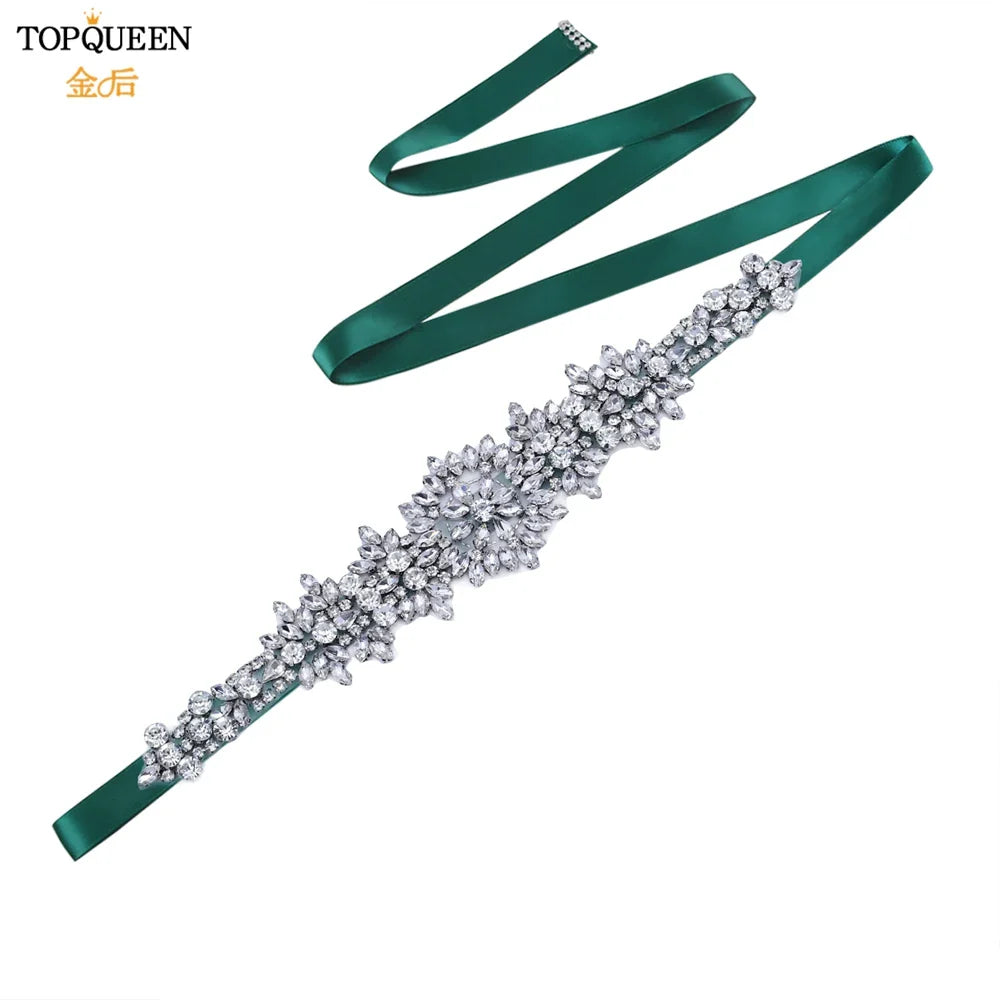 TOPQUEEN S319 Rhinestones Wedding Belt Sparkly Bride Dress Decorative Sash with Stone Jeweled Satin Ribbons Silver Gown Applique Green ribbon