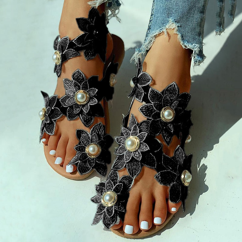 Women Sandals Boho Style Summer Shoes For Women Flat Sandals Beach Shoes 2024 Flowers Flip Flops Chaussures Femme 6 Colors 35-44 Black