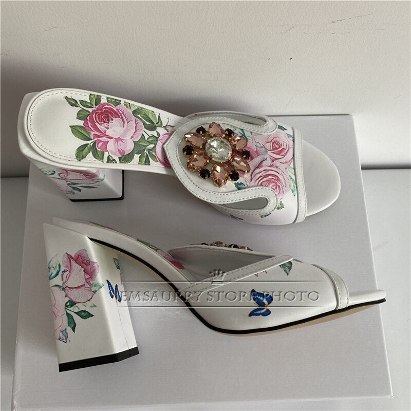 Print Butterfly-Flower Real Leather Sandals Women 10cm Square High Heel Open Toe Slingbacks Rhinestone Runway Mules