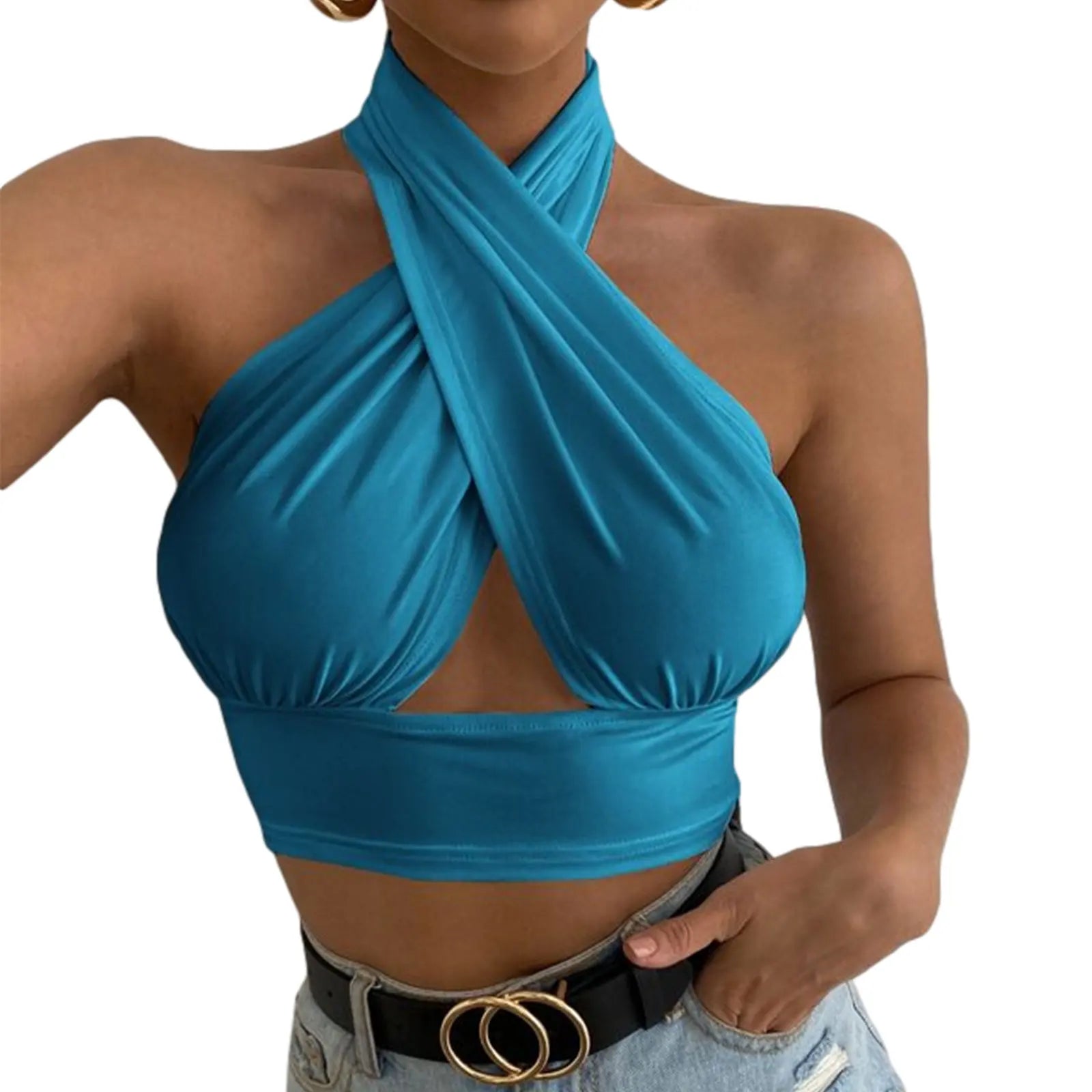 Women Summer Tank Tops Solid Cross Halter Camis Backless Crop Tops Female Camisole Cropped Top Slim Sleeveless Streetwear Blue