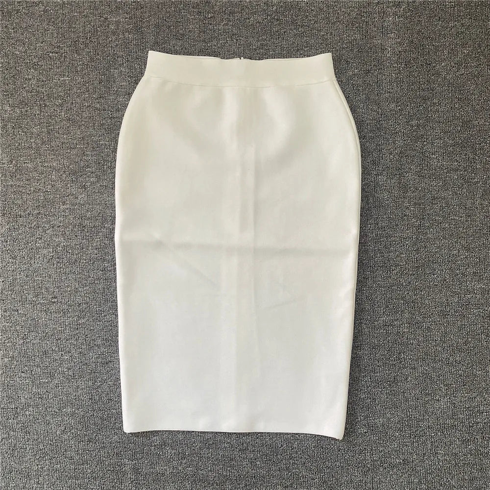 Women New Rayon Bandgae Skirt Elegant Pencil Skirt Celebrity Sexy Club Party Wear Vintage Vestios WHITE