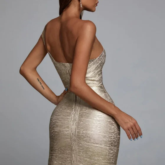 Celebrity One Shoulder Foiling Gold Print Rayon Bandage Dress Elegant Club Party Dress Vestidos