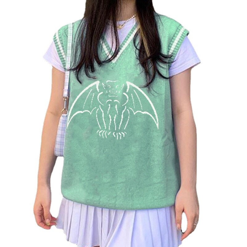 Y2K Oversized Sweater Pullover Ladies Casual Loose Printed Knitted Sweater Retro College Style Halloween Street Fall Winter 2021 20541 green