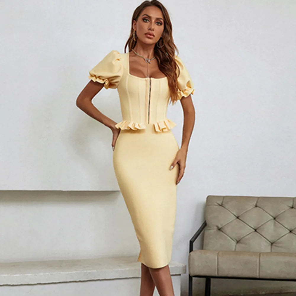 Women Autumn Sexy Short Sleeve Zipper Yellow Midi Bodycon Bandage Dress 2021 Elegant Evening Party Dress Vestido