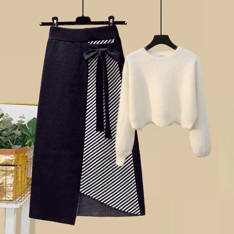 Women Autumn Winter Warm Knitted Two Pieces Sets Korean Long Sleeve Pullover Sweater Top And High Waist Skirts Sets Skirt Two Piece Set 6