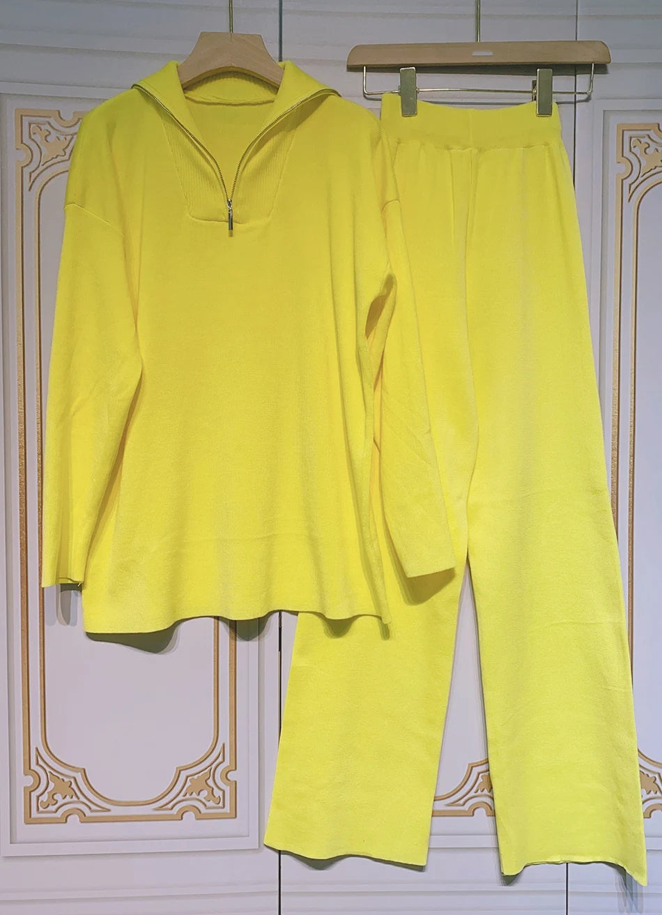 2024 Casual Autumn Loose Knit Sweater Set Fashion Zip Lapel Long Sleeve Pullover Sweater & Straight Pants Two-piece Set Yellow
