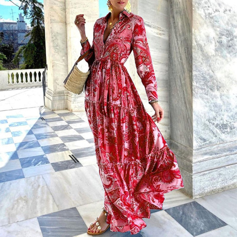 Summer Loose Boho Maxi Beach Dress Sexy Turn-down Collar Button Long Shirt Dress Women Spring Floral Print Pleated Party Dresses 03 Red