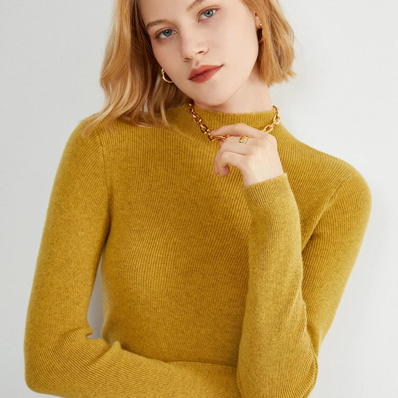 Cashmere sweater women Autumn and winter Half turtleneck cashmere jumpers knit female long sleeve Slim pullover yellow
