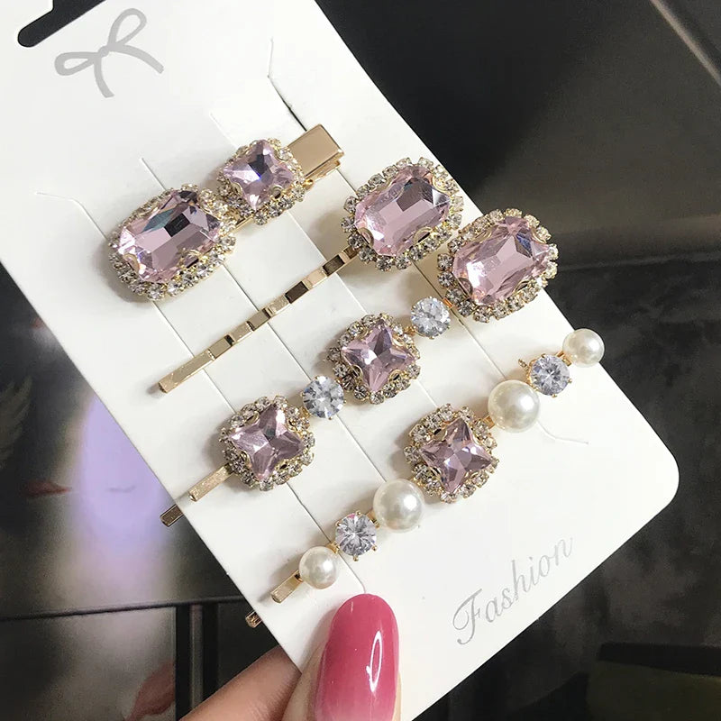 Set Women Hair Clips Jewelry Fashion Crystal Hair Accessories For Girls Luxury Pearl Geometric Barrettes Pins Christmas Gift 4pcs-pink
