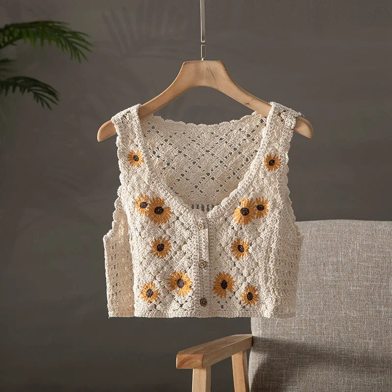 OUMEA Women Summer Cotton Crochet Retro Cropped Knitted Cardigans Daisy Floral Embroidery Sleeveless Button Up Chic Crop Tops style 1 natural One Size
