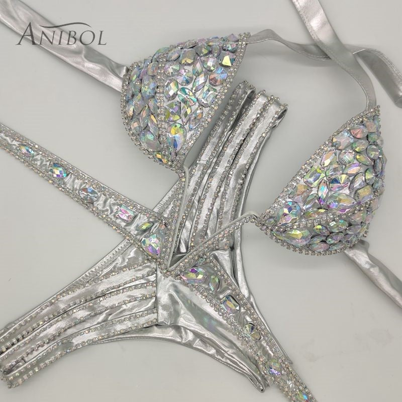 Sexy Women Bikin Luxury Rhinestone Split Swimwear Push Up Crystal Diamond Swimsuit Bandage Chain Bathing Suit Silver