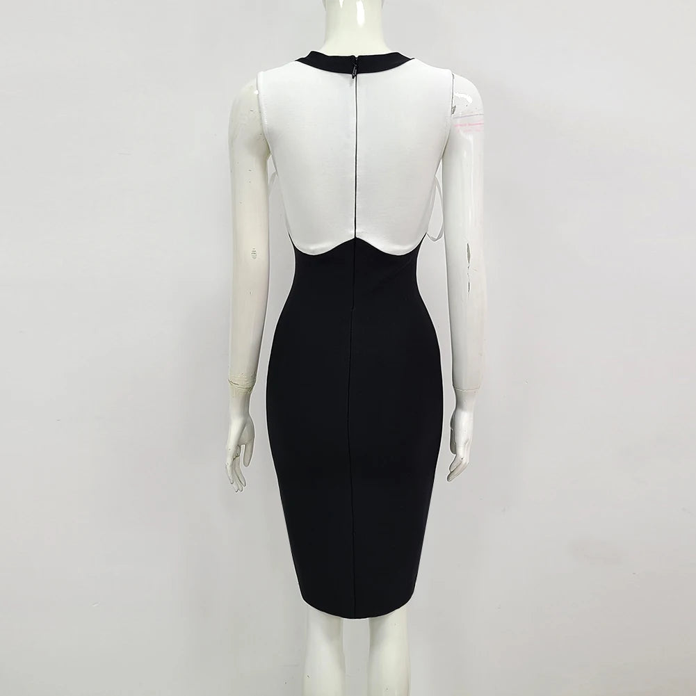 2024 New Black White Button Beading Bodycon Two Pieces Rayon Bandage Dress Set Elegant Evening Party Set