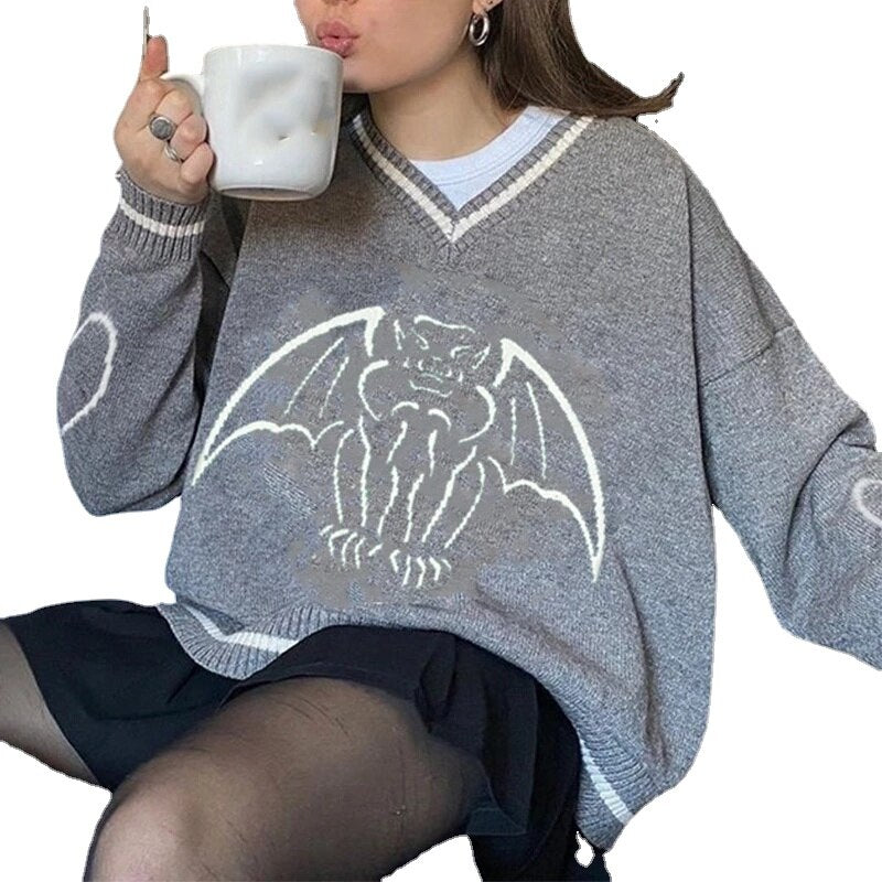 Y2K Oversized Sweater Pullover Ladies Casual Loose Printed Knitted Sweater Retro College Style Halloween Street Fall Winter 2021 20540 grey