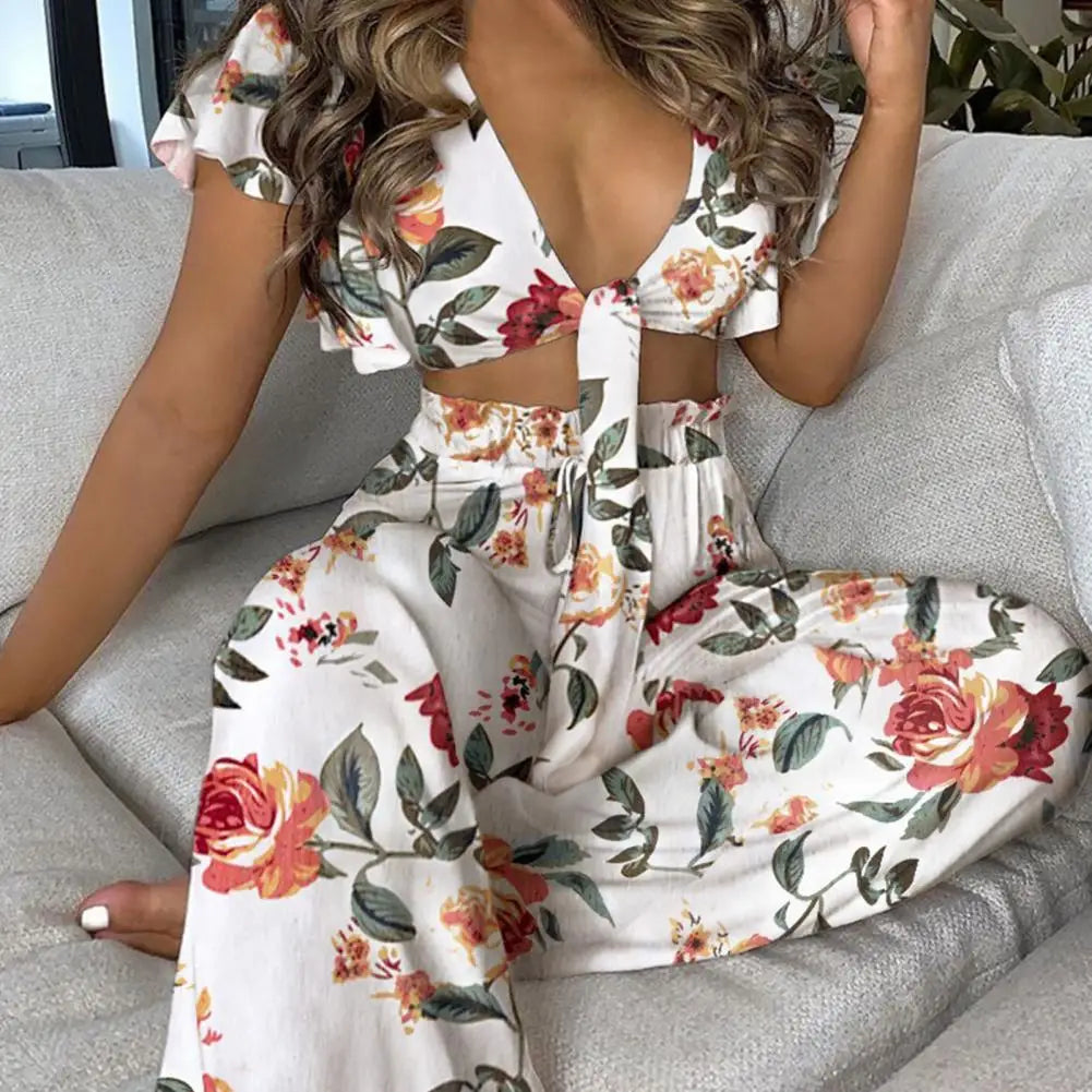 2pcs/Set Boho Outfits Women Pant Suits Vibrant Color Short Sleeve Short Crop Top Loose Long Pants two piece set Women Tracksuits