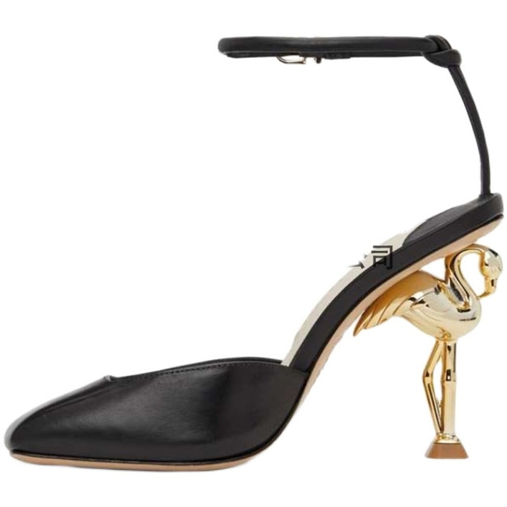 Womens Pointy Toe Genuine Leather Strange Irregular High Flamingo Heel Slingbacks Pumps Sandals Shoes Plus Sz 5Colors Bling