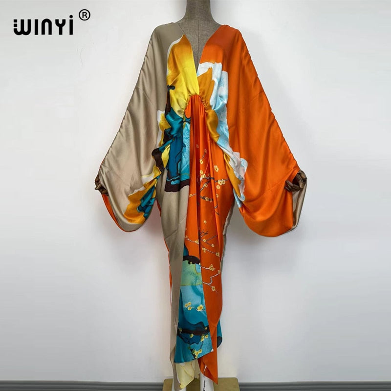 Sexy bech high-quality hand-rolled feel silk rayon fashion print 2024 WINYI Maxi Women's robes long beach V-neck Bohemian dress 4 One Size