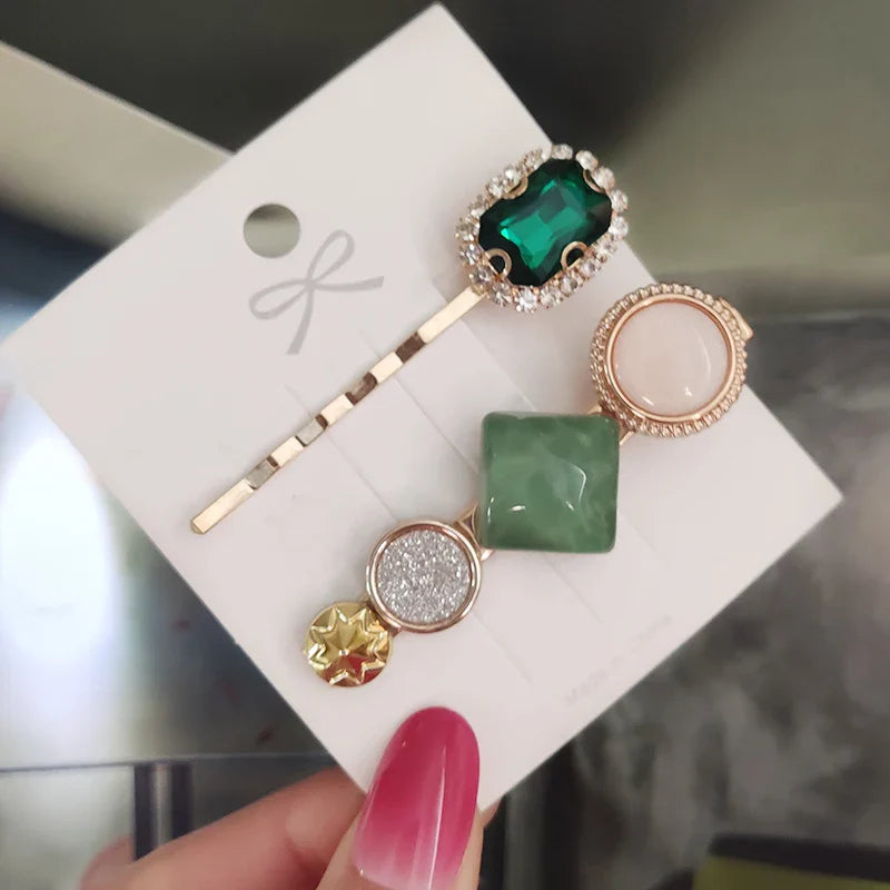 Set Women Hair Clips Jewelry Fashion Crystal Hair Accessories For Girls Luxury Pearl Geometric Barrettes Pins Christmas Gift 2pcs-green 1