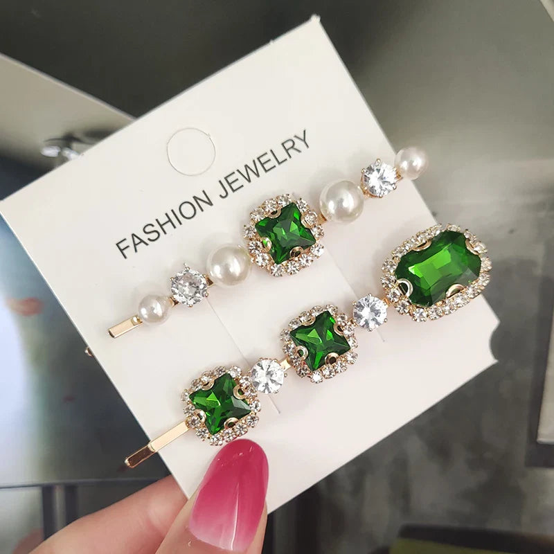 Set Women Hair Clips Jewelry Fashion Crystal Hair Accessories For Girls Luxury Pearl Geometric Barrettes Pins Christmas Gift 2pcs-green