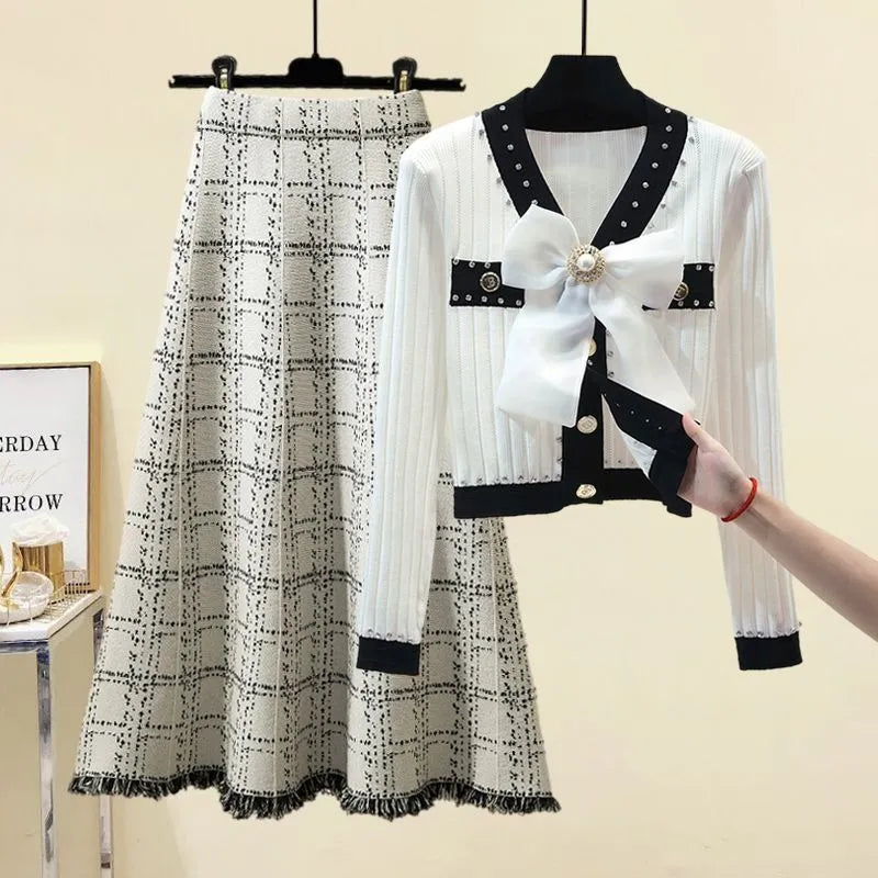 Women Autumn Winter Vintage fragrant Knitted Two Pieces Sets Korean Long Sleeve Knit Cardigan And High Waist Plaid Skirts Sets picture 4