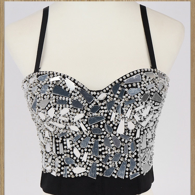 Sexy Beaded Diamond Sequins Women Camis Cropped Top Night Club Party Corset Crop Top To Wear Out Push Up Bustier Bra DB905 DB905 Silver