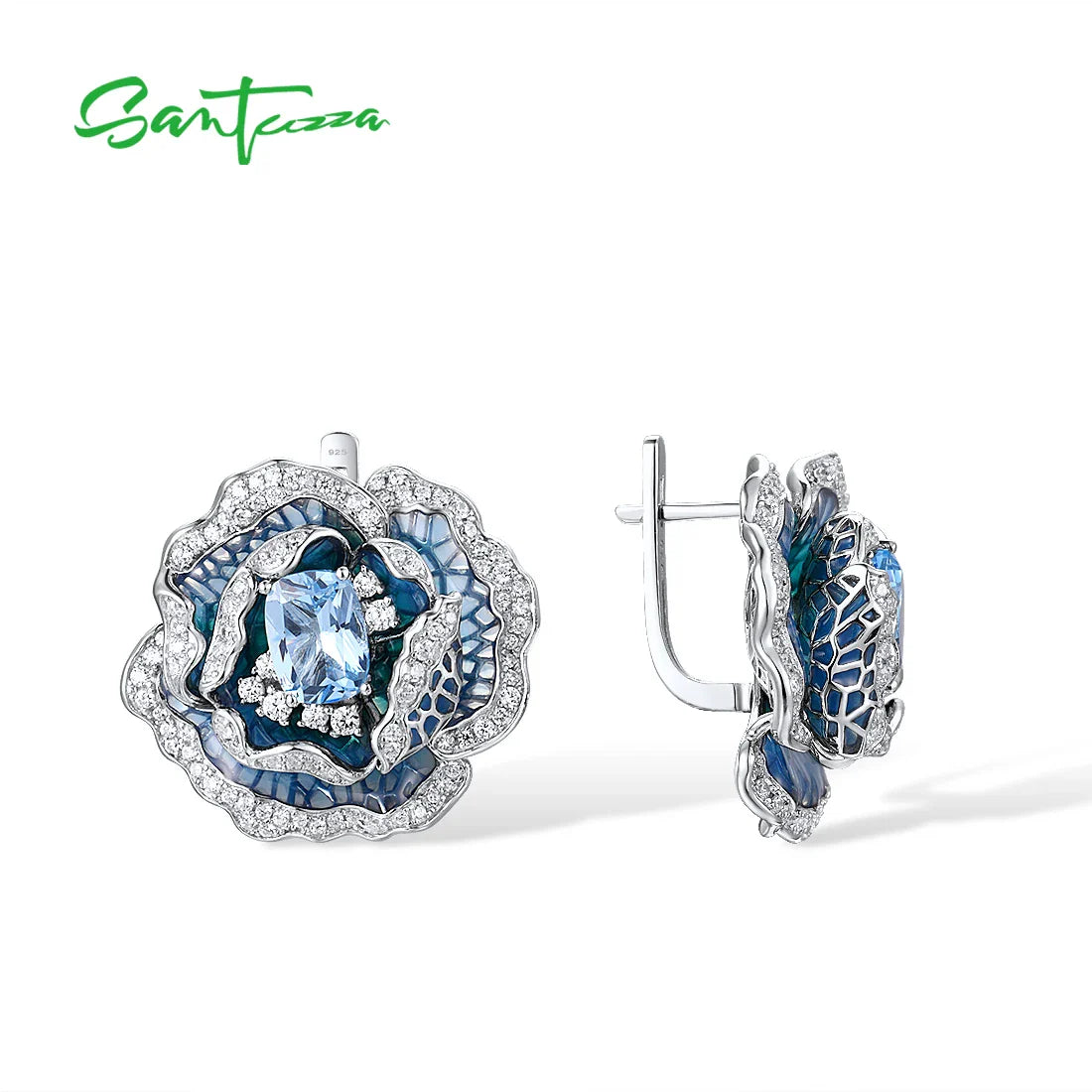 SANTUZZA 925 Sterling Silver Earrings For Women Blue Spinel White CZ Blooming Flower Elegant Party Fine Jewelry Handmade Enamel