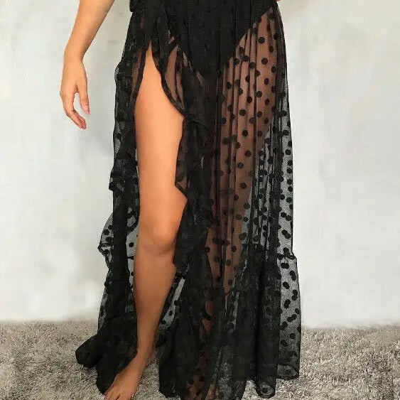 2021 New Hot Summer Women's Mesh Sheer Polka Dot Long Split Skirts Sexy Beach Sunscreen Bikini Cover Up Wrap Skirt 1 One Size