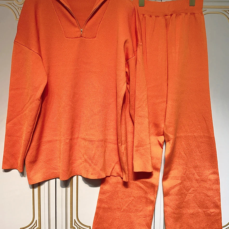 2024 Casual Autumn Loose Knit Sweater Set Fashion Zip Lapel Long Sleeve Pullover Sweater & Straight Pants Two-piece Set Orange
