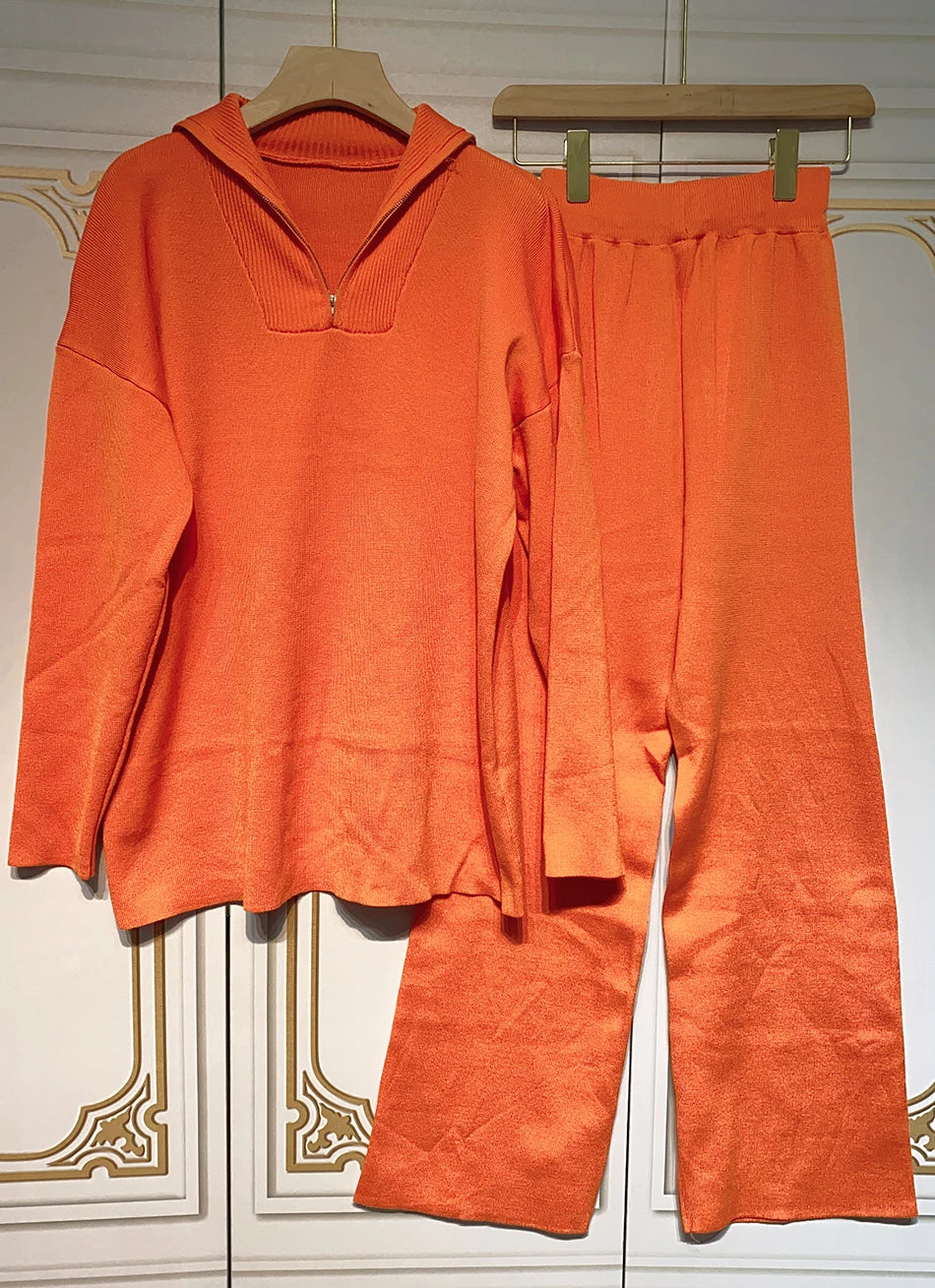 2024 Casual Autumn Loose Knit Sweater Set Fashion Zip Lapel Long Sleeve Pullover Sweater & Straight Pants Two-piece Set Orange