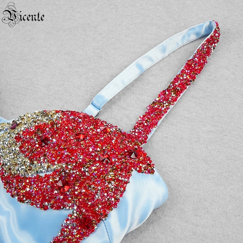 Sling Dress Sexy Starfish Pattern Diamond Design Split Fork Sleeveless Square Neck Strap Satin Grace Dinner Party Long Dress