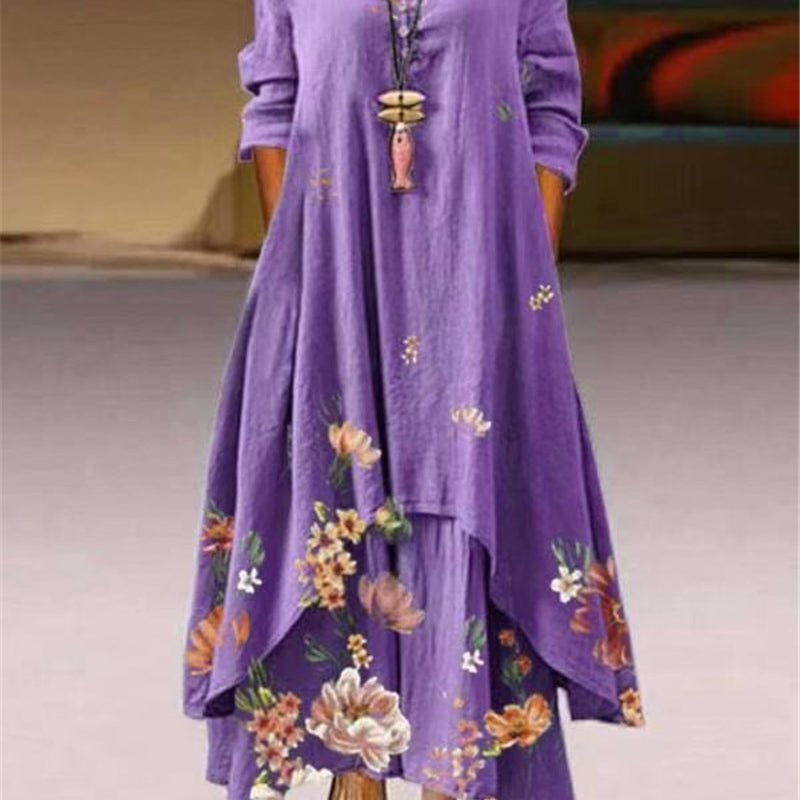 Summer Floral Print Long Sleeve Dresses Women O Neck Buttons Irregular Hem Maxi Dress Loose Plus Size Party Vestidos Long Dress Purple